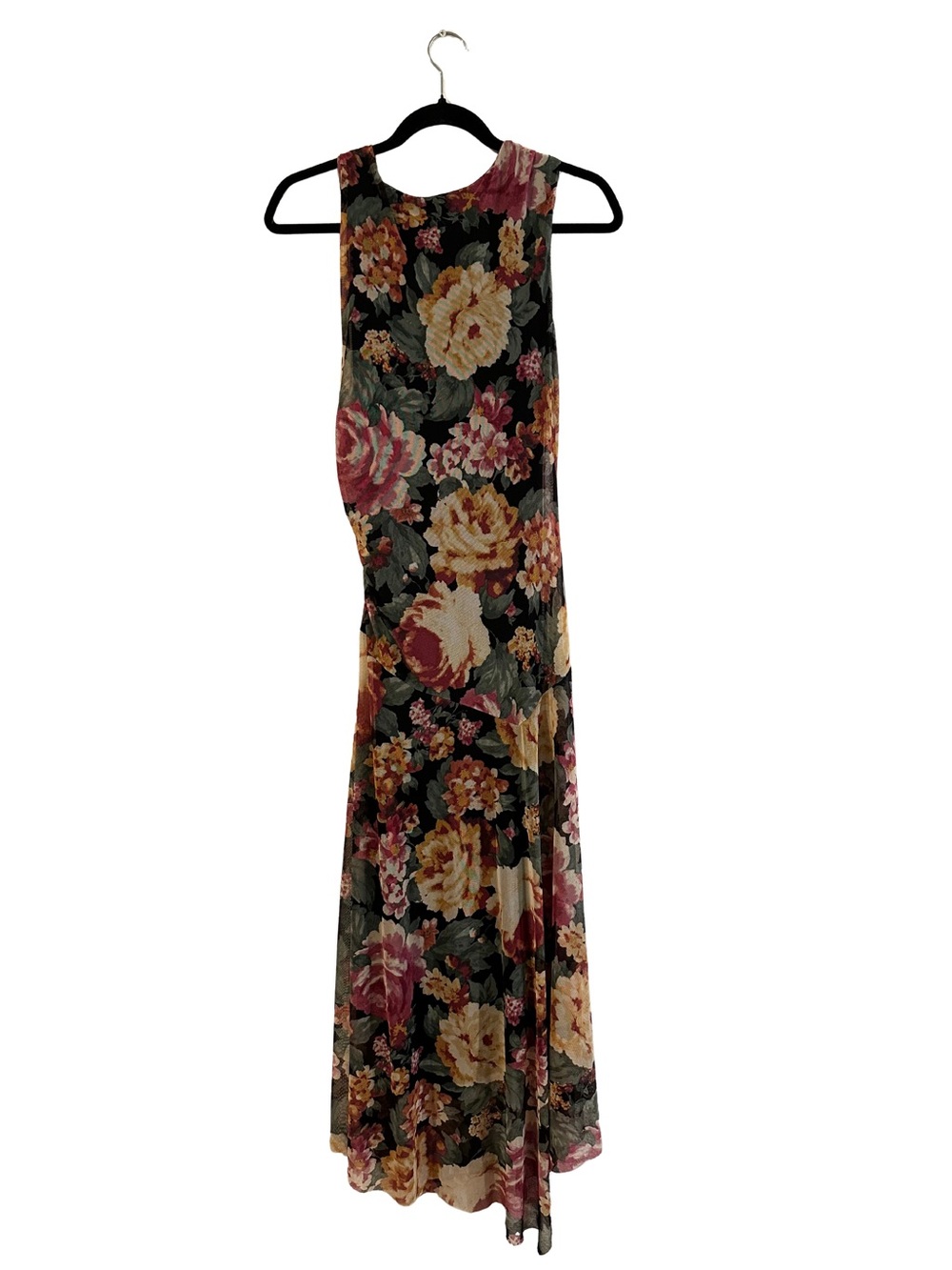 Nicole Miller Black Floral Maxi Dress with Pink & Yellow Blooms